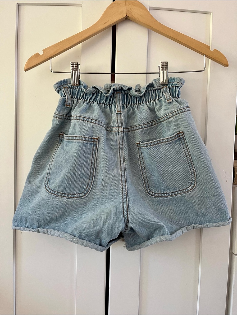 Polly Elastic Paperbag High-Rise Light Blue Denim Shorts Size 0 - Women